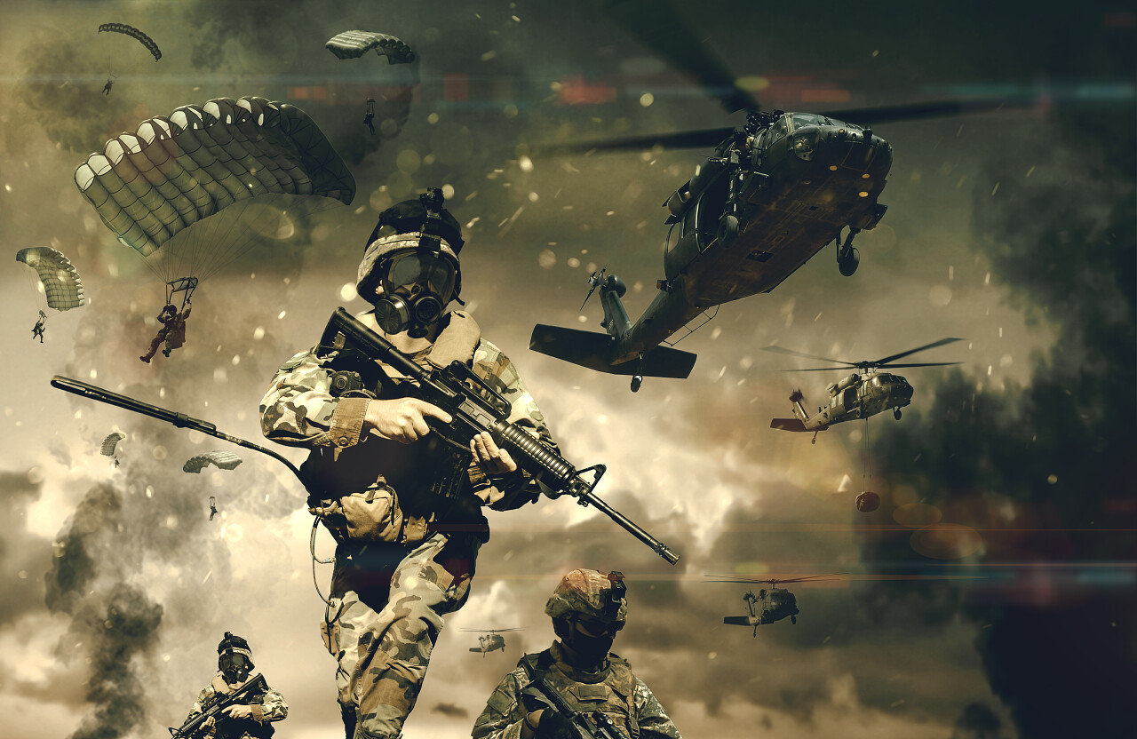 战场烟尘之间的军队和直升机