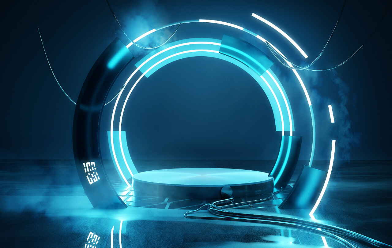 空蓝色霓虹灯的未来照明舞台和平台