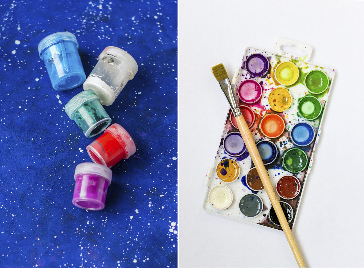 水彩画和画笔两张照片的合影