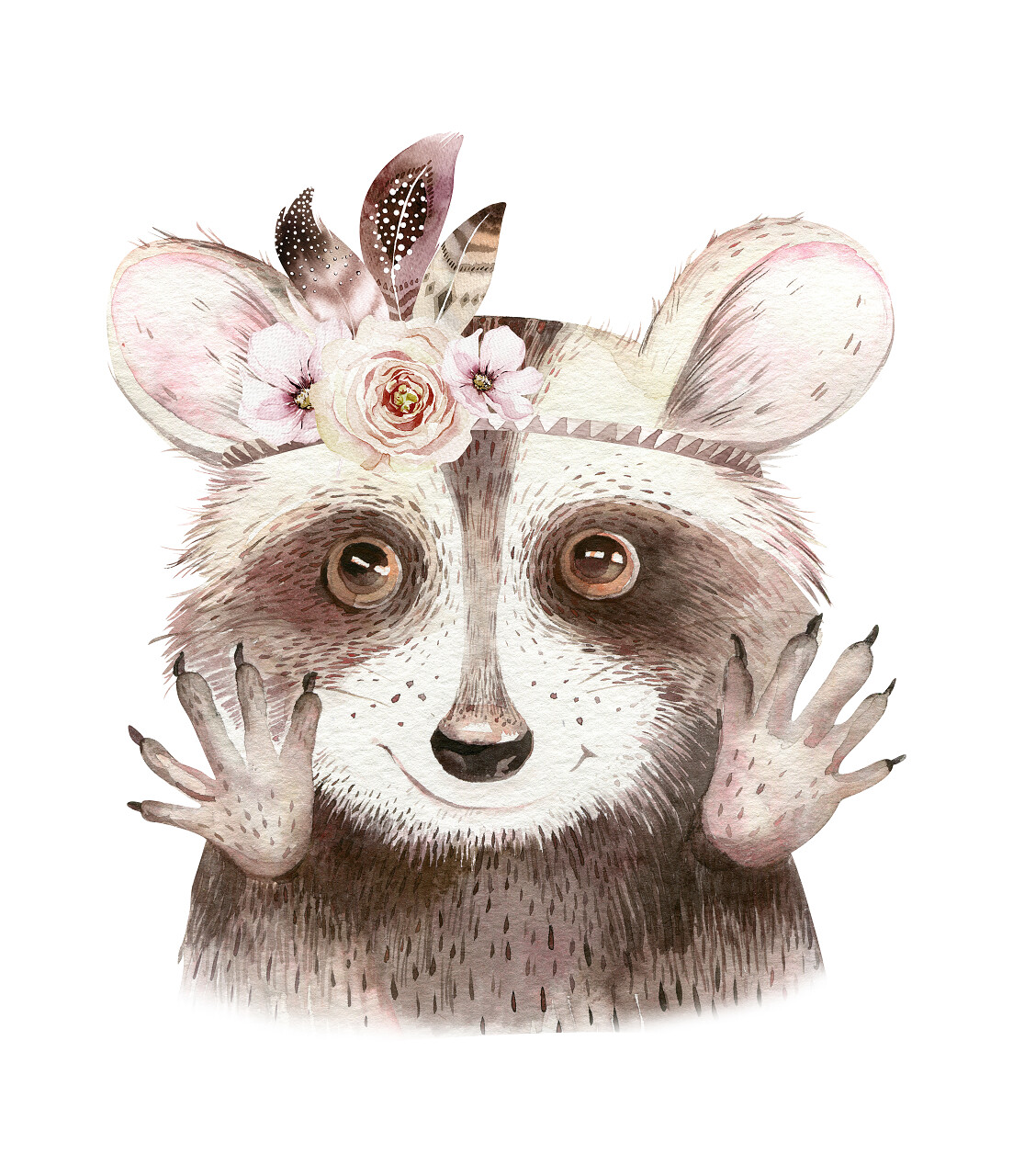 水彩熊与羽毛艺术装饰插图