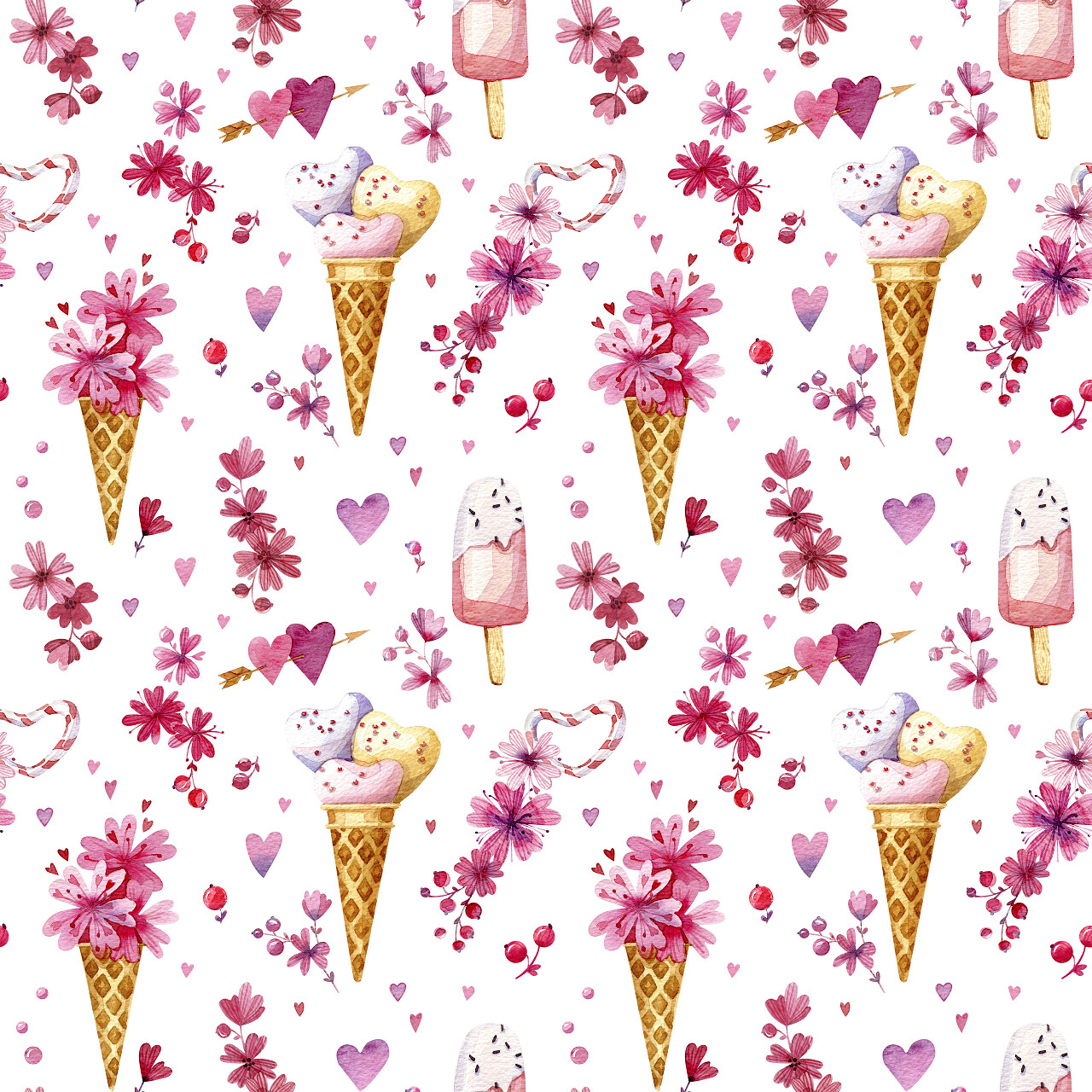 冰淇淋鲜花和红心情人节水彩画日记情人节