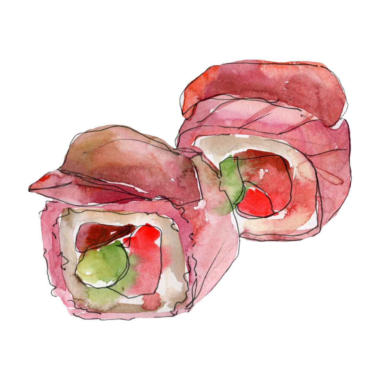 水彩寿司套美丽美味的日本美食插画