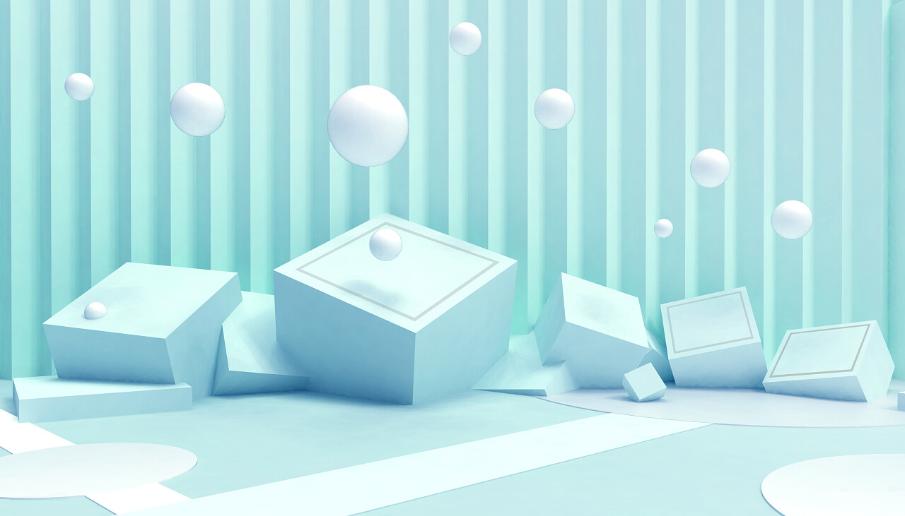 绿墙背景下的柱形几何圆球与矩形随机极小现代创意概念