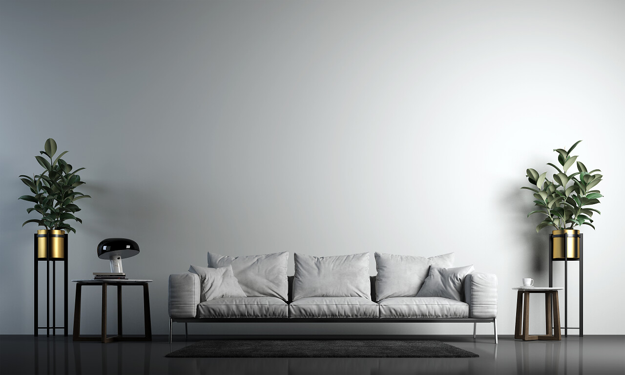 现代阁楼白色客厅室内设计与混凝土墙体背景