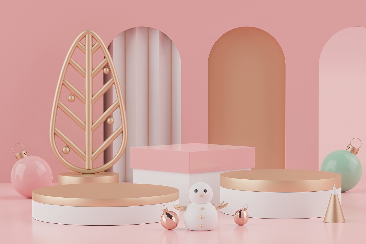 三维渲染场景的圣诞假期概念装饰与树抽象的简单几何形状