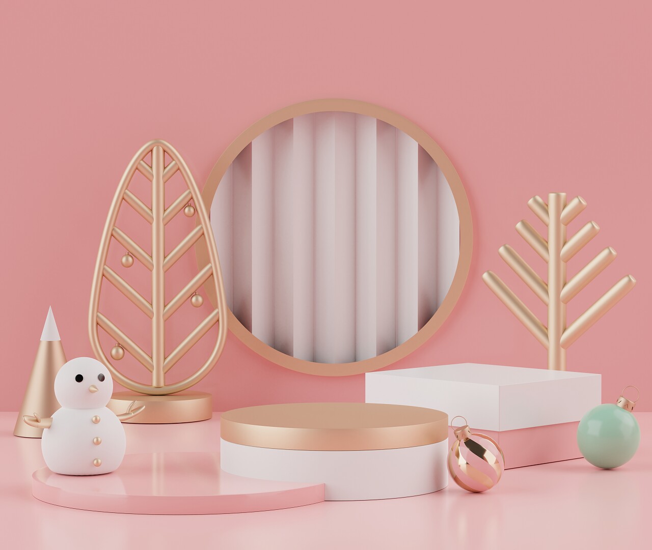 三维渲染场景的圣诞假期概念装饰与树抽象的简单几何形状