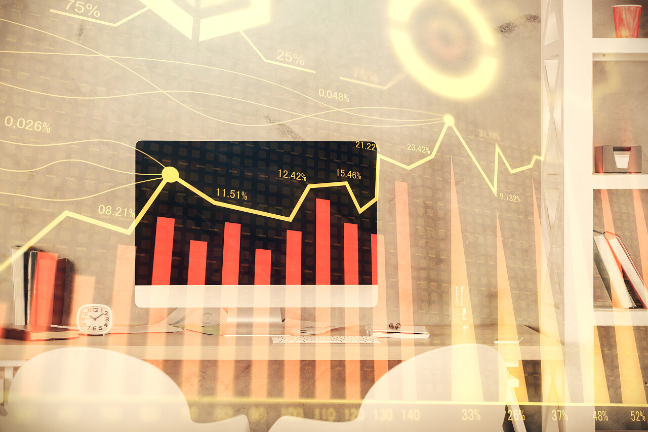 多重暴露的股市图表绘制和办公室内部背景智能财务