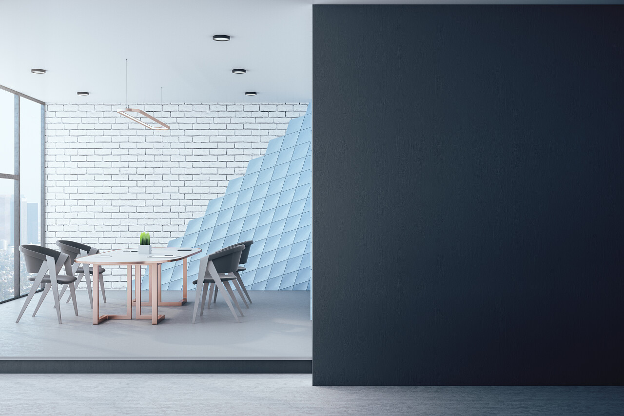 最低限度的会议内部家具城市景观和空白灰色墙壁工作场所和生活方式的概念