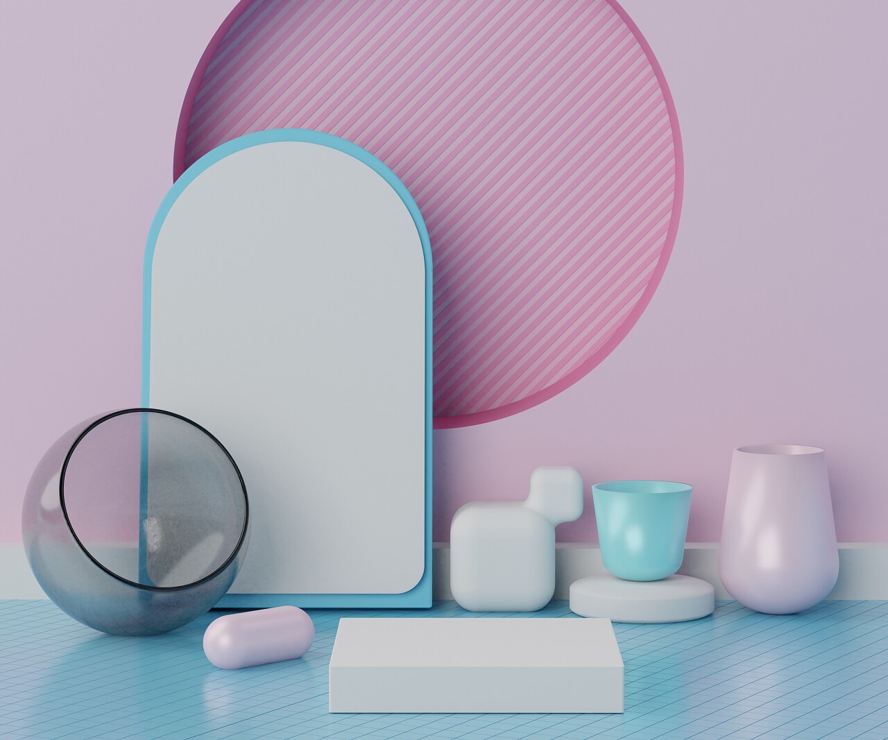 三维渲染空箱平台用于模拟空旷的时装表演舞台底座,店面五彩缤纷产品展示的最小场景