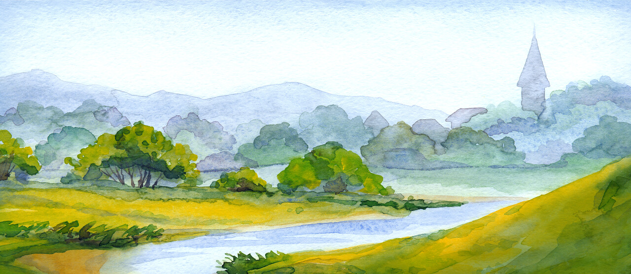 手绘浅色水彩画素描景色宜人的老户外灌木植物阴郁的黄昏黄昏黄昏暮色雾景