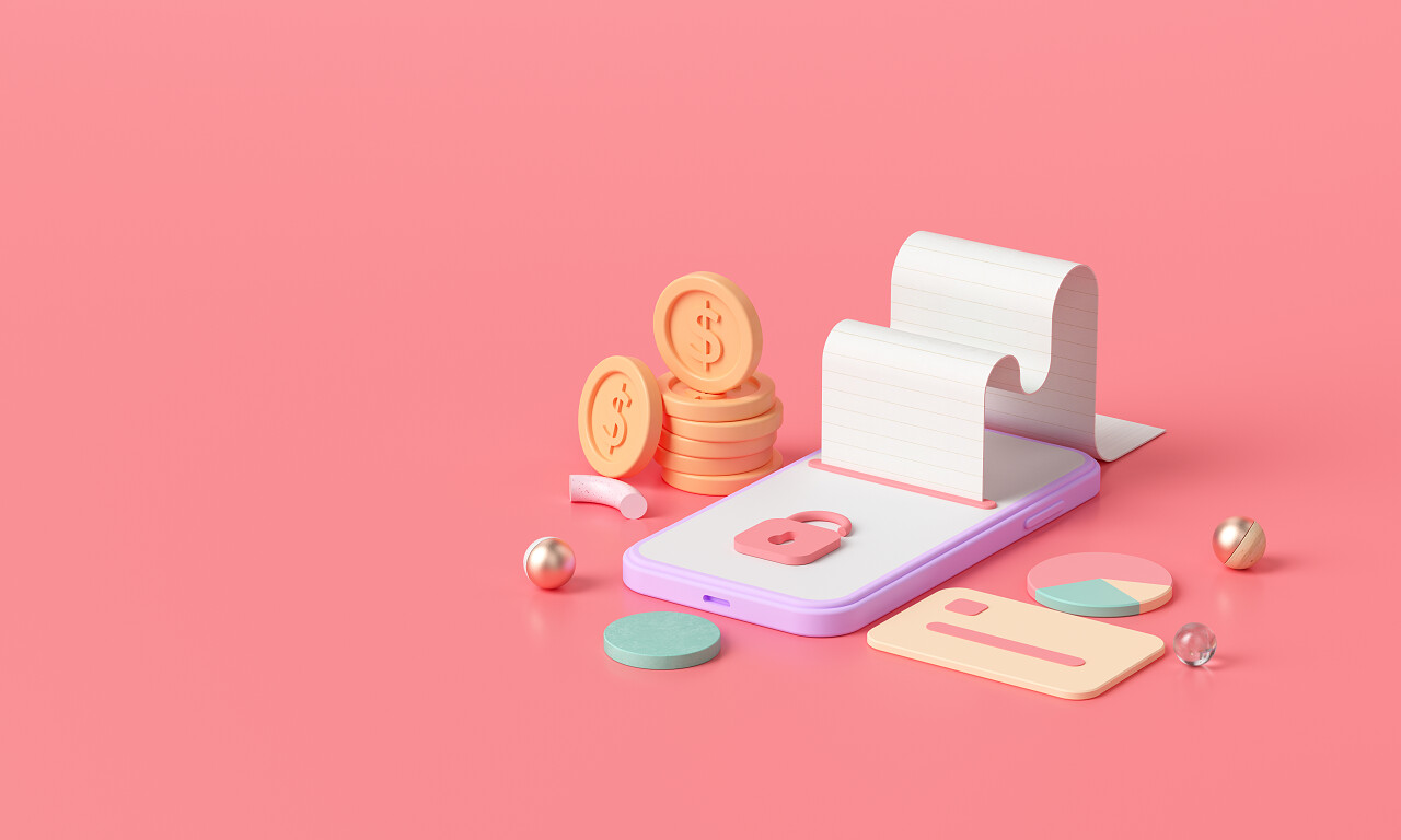 3D渲染等距在线资金转移支付安全在线支付和移动银行概念