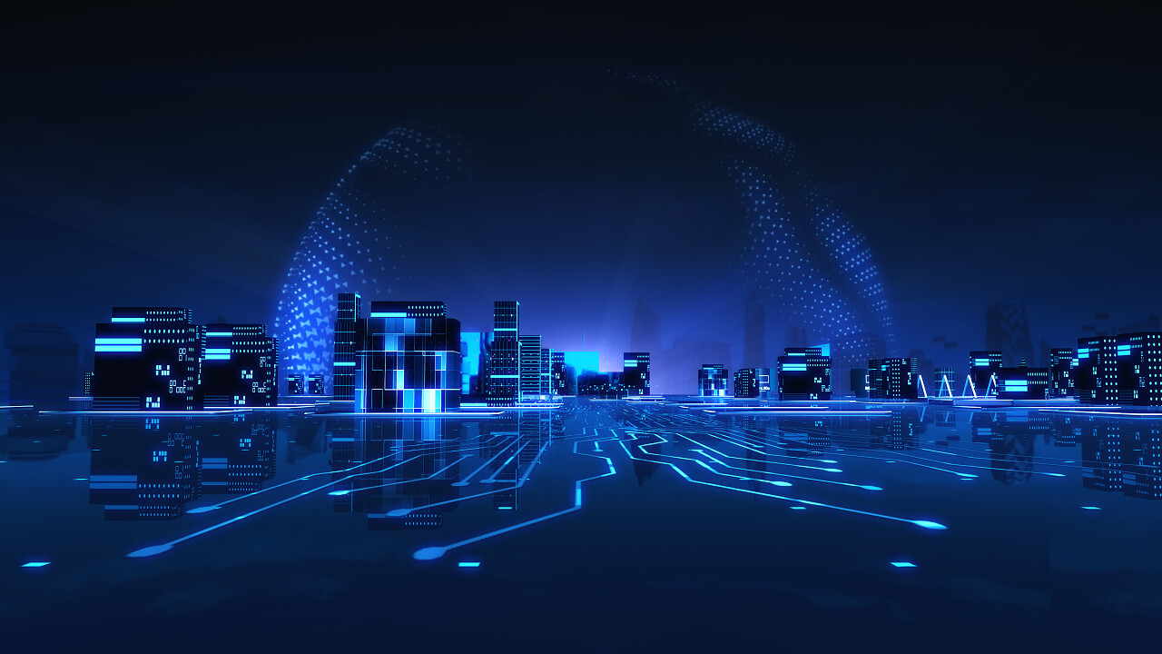 能量球背景的城市景观设计未来3D城市霓虹灯