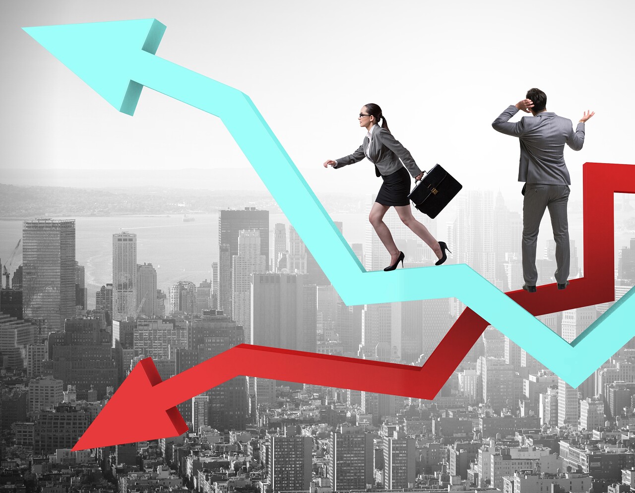 城市背景上的抽象箭头