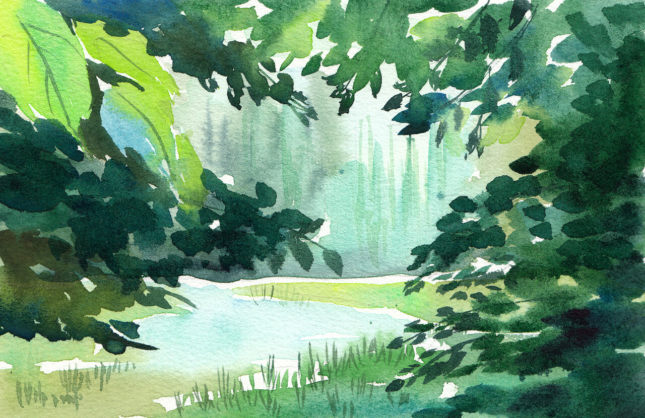 手绘自然河流森林渲染图