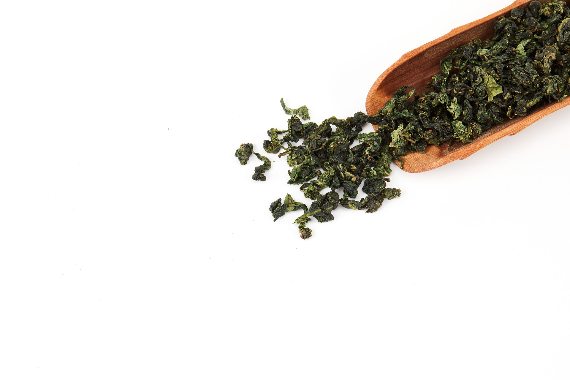 白底一角茶叶木质茶则乌龙茶铁观音散落茶叶