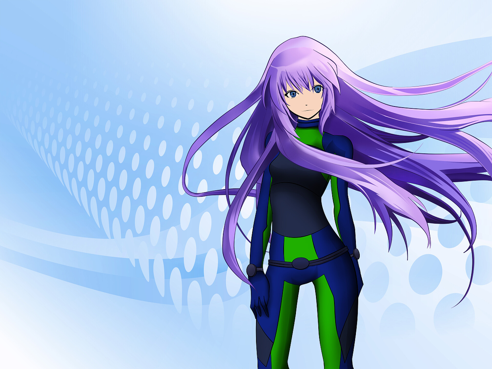 蓝色背景一个紫色头发可爱的动漫女孩未来派动漫女孩