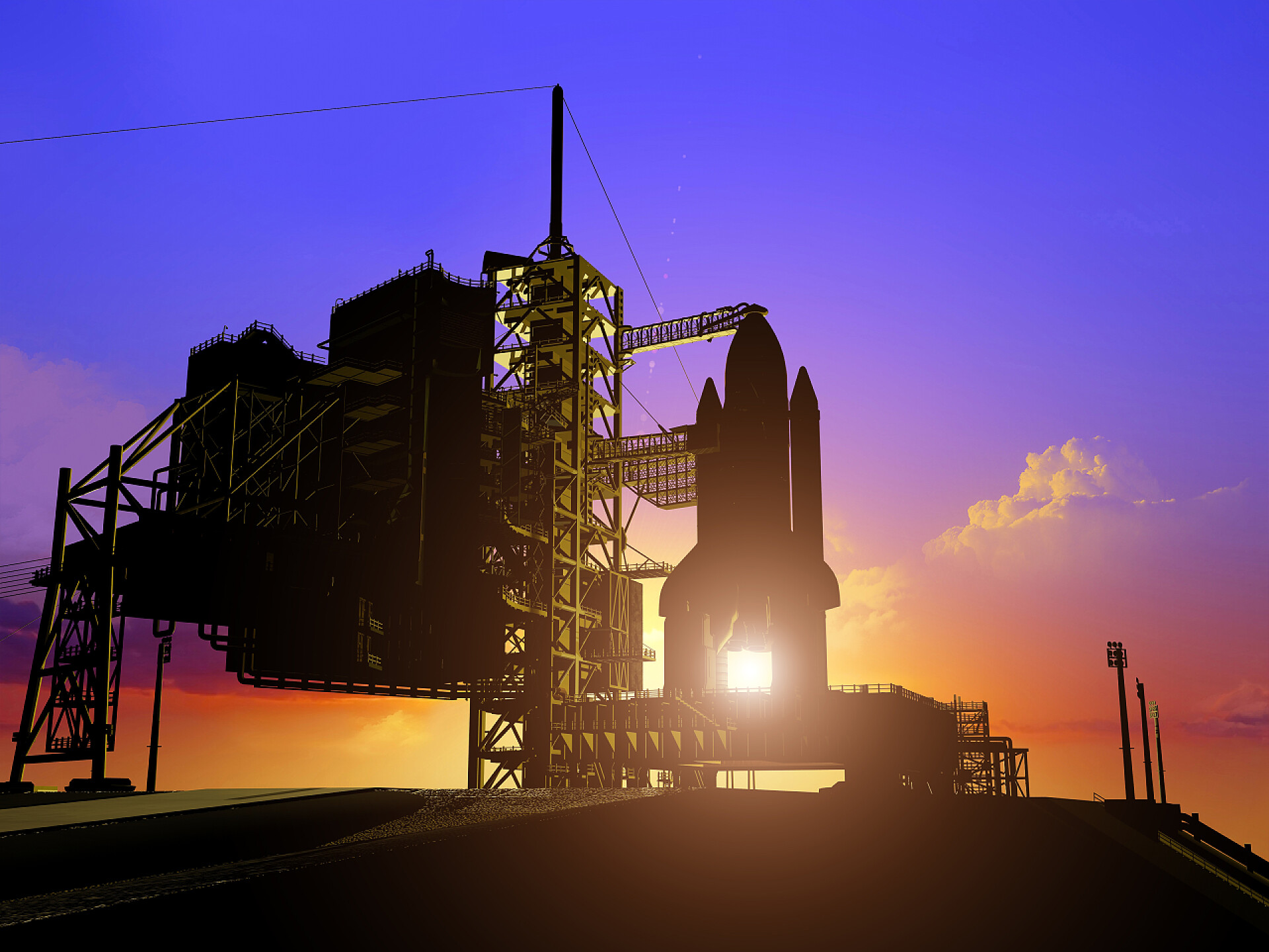 傍晚迎着晚霞发射的火箭剪影太空运输