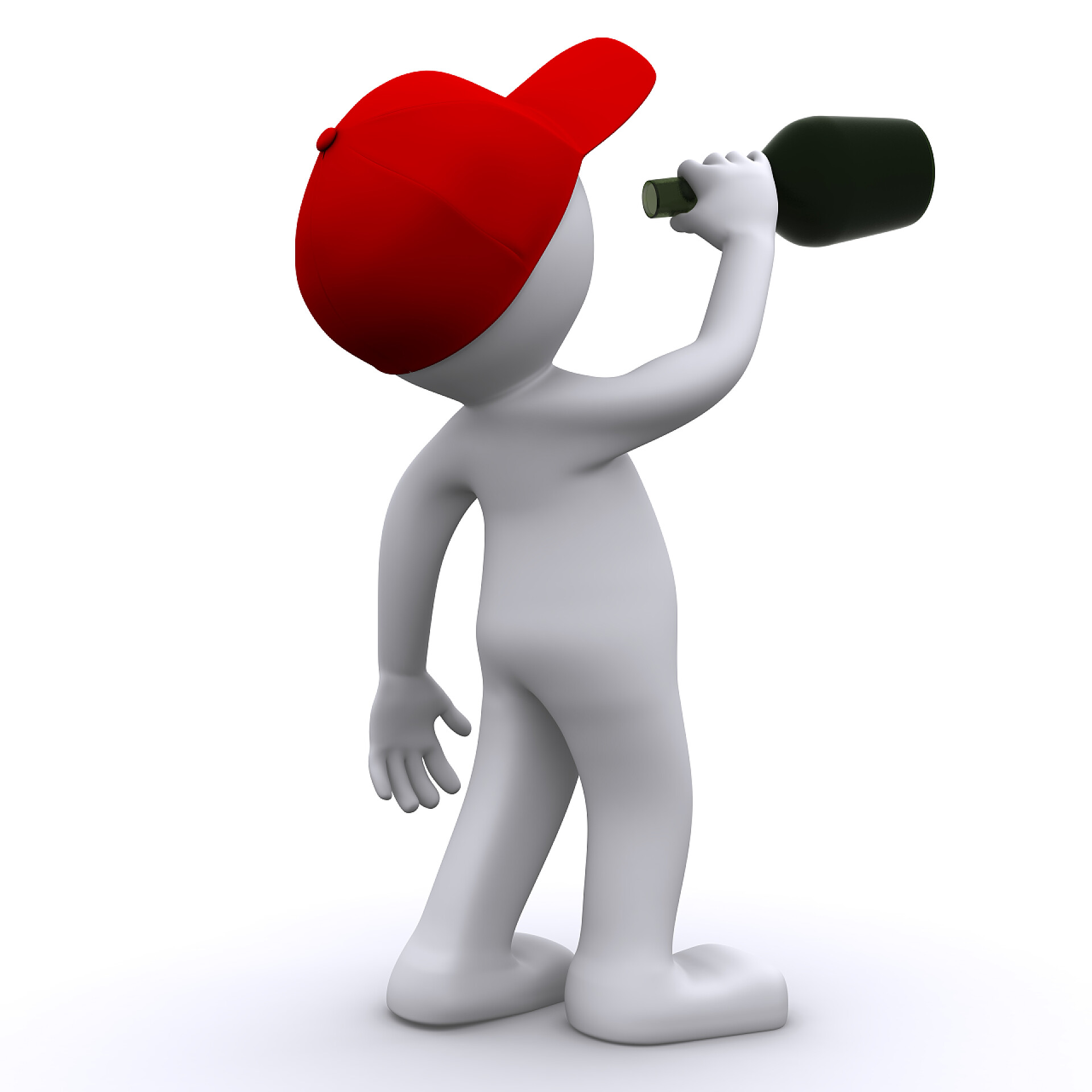 白色背景一个喝酒的小人喝醉了的 3d 角色与绿色的瓶子