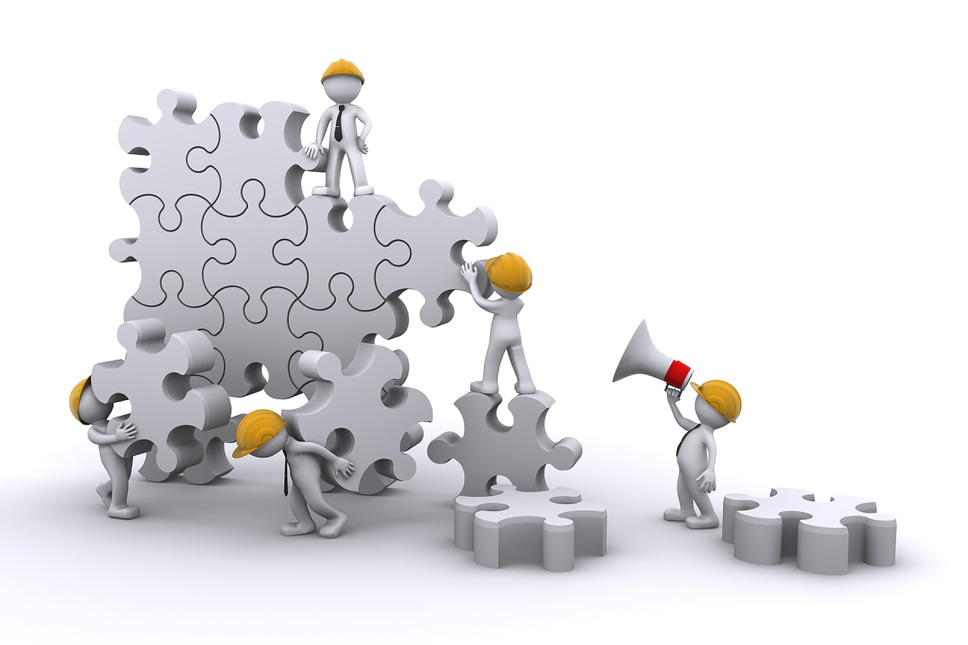 3D人偶合作建立拼图业务团队工作建立一个谜题。企业发展理念.