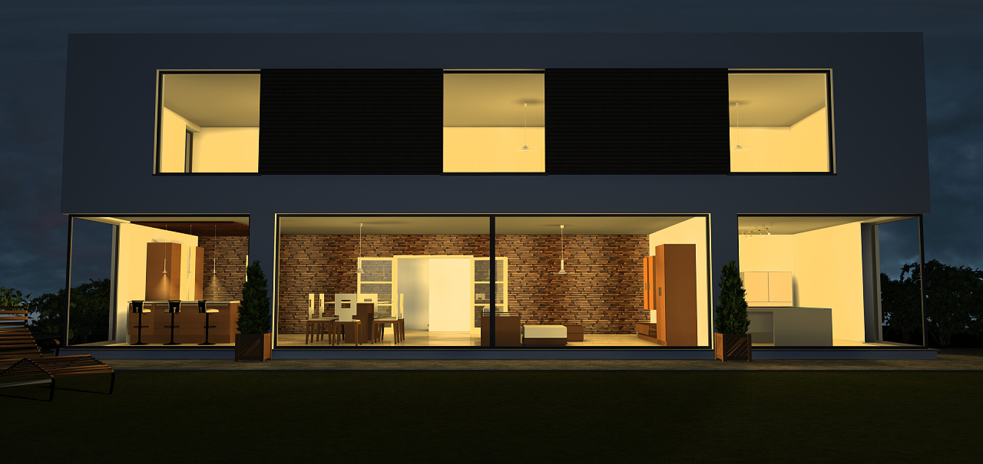 晚间别墅的3D插图晚上带游泳池的别墅