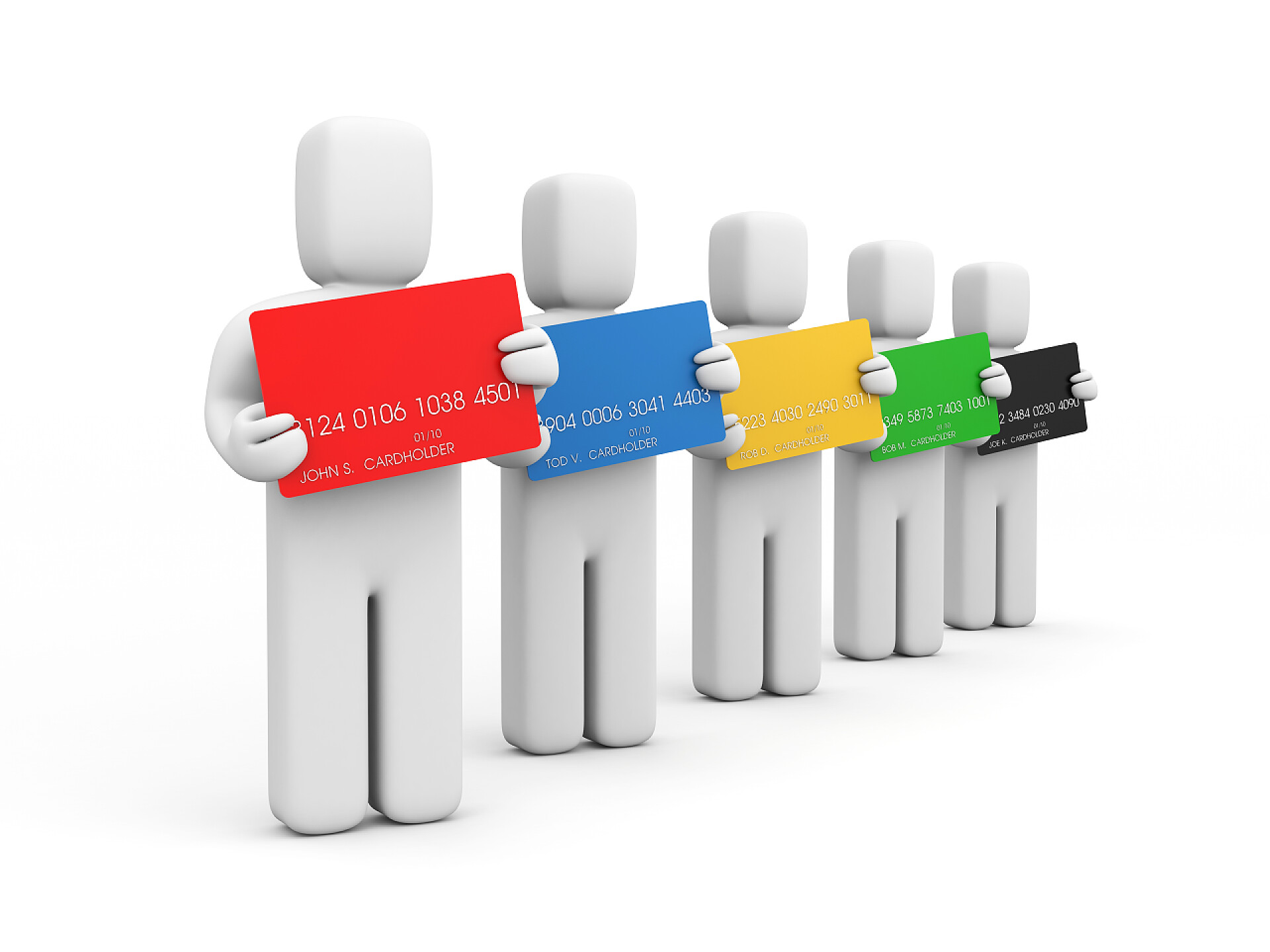 白色背景五个3D小人拿着不同颜色的广告牌持卡人