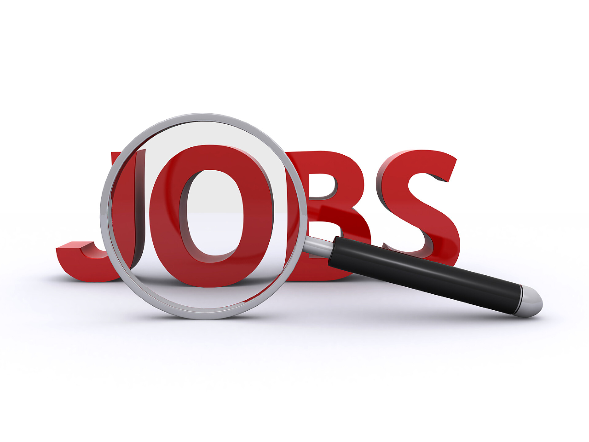 在白色背景上的放大镜玻璃和作业三维文字寻找工作