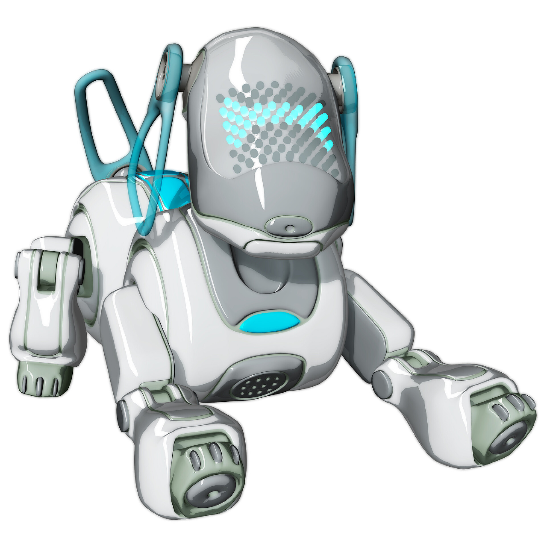 白色背景上卡通渲染的机器人机器狗想要一根骨头