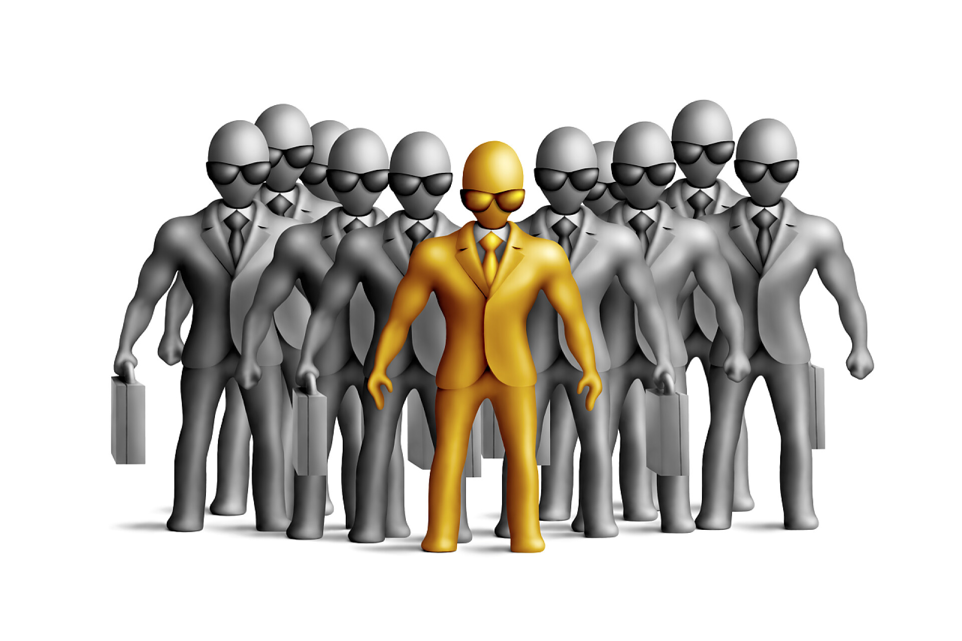 白色背景上一个金色西装革履的橡皮泥人带领着一群灰色西装革履的橡皮泥人男子在灰色 (& 金)