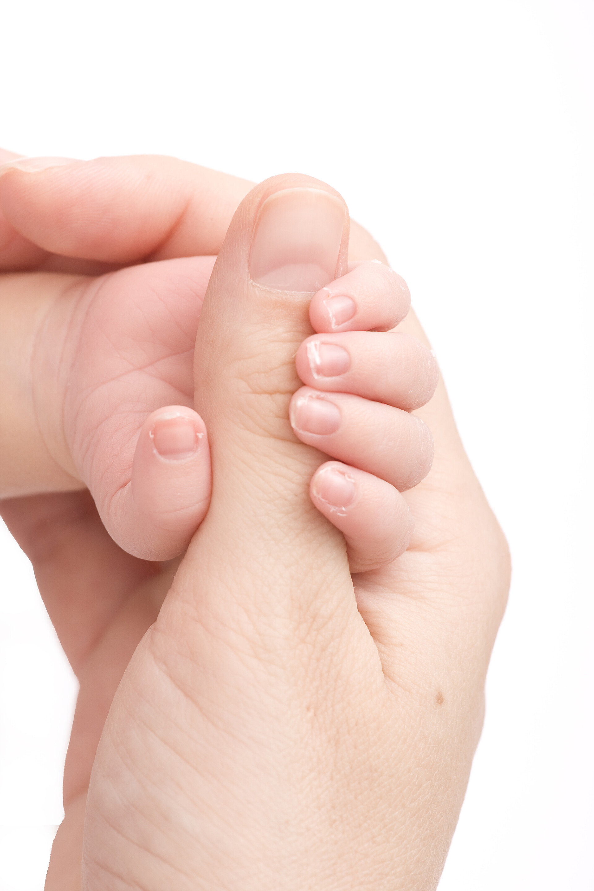 白色背景上母亲紧紧抓住婴儿的手宝贝