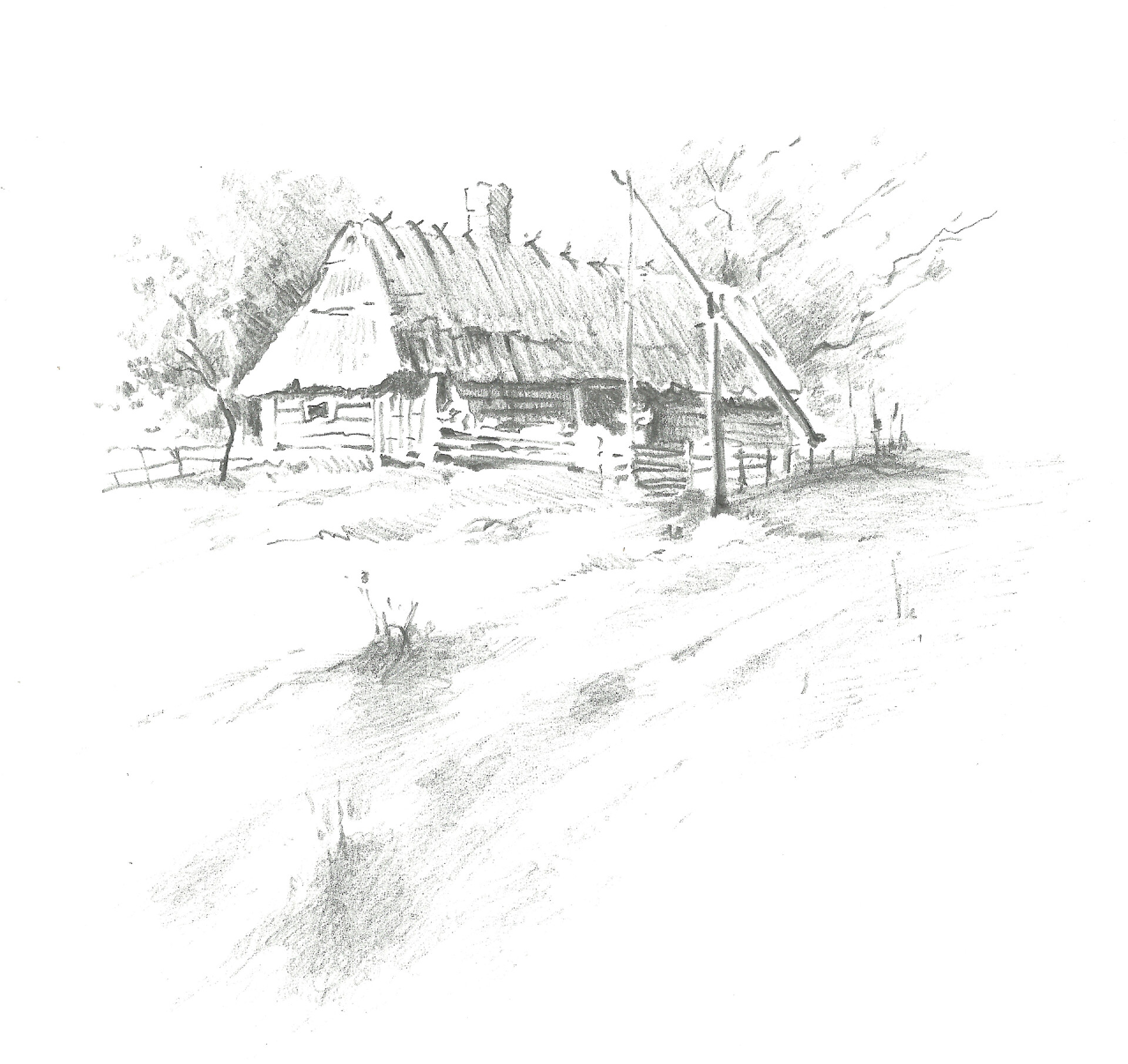 黑白铅笔手绘建筑房屋稿图乡间别墅