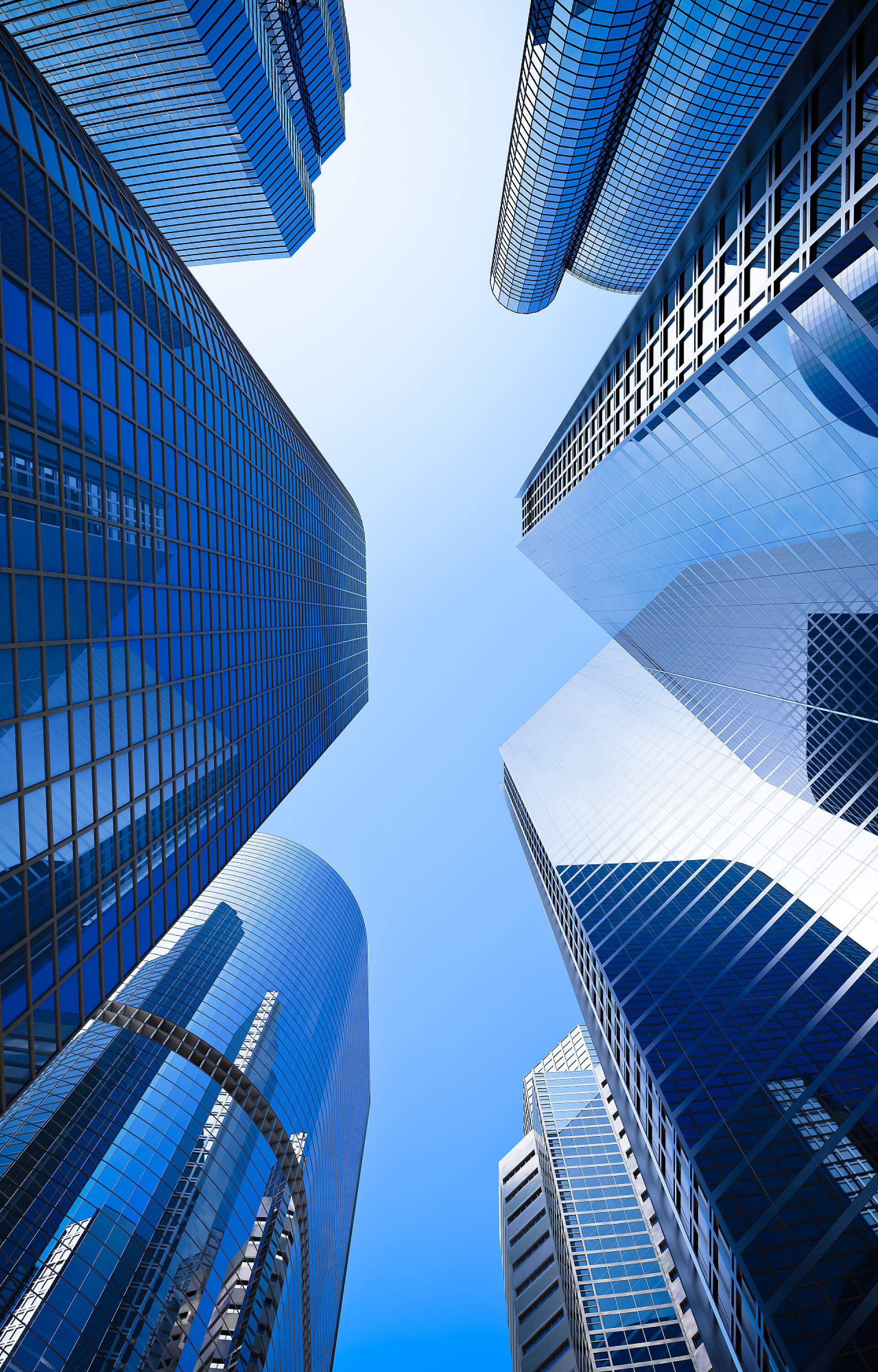 低角度拍摄的摩天大楼建筑物景观蓝高层玻璃摩天大楼街低角度拍摄