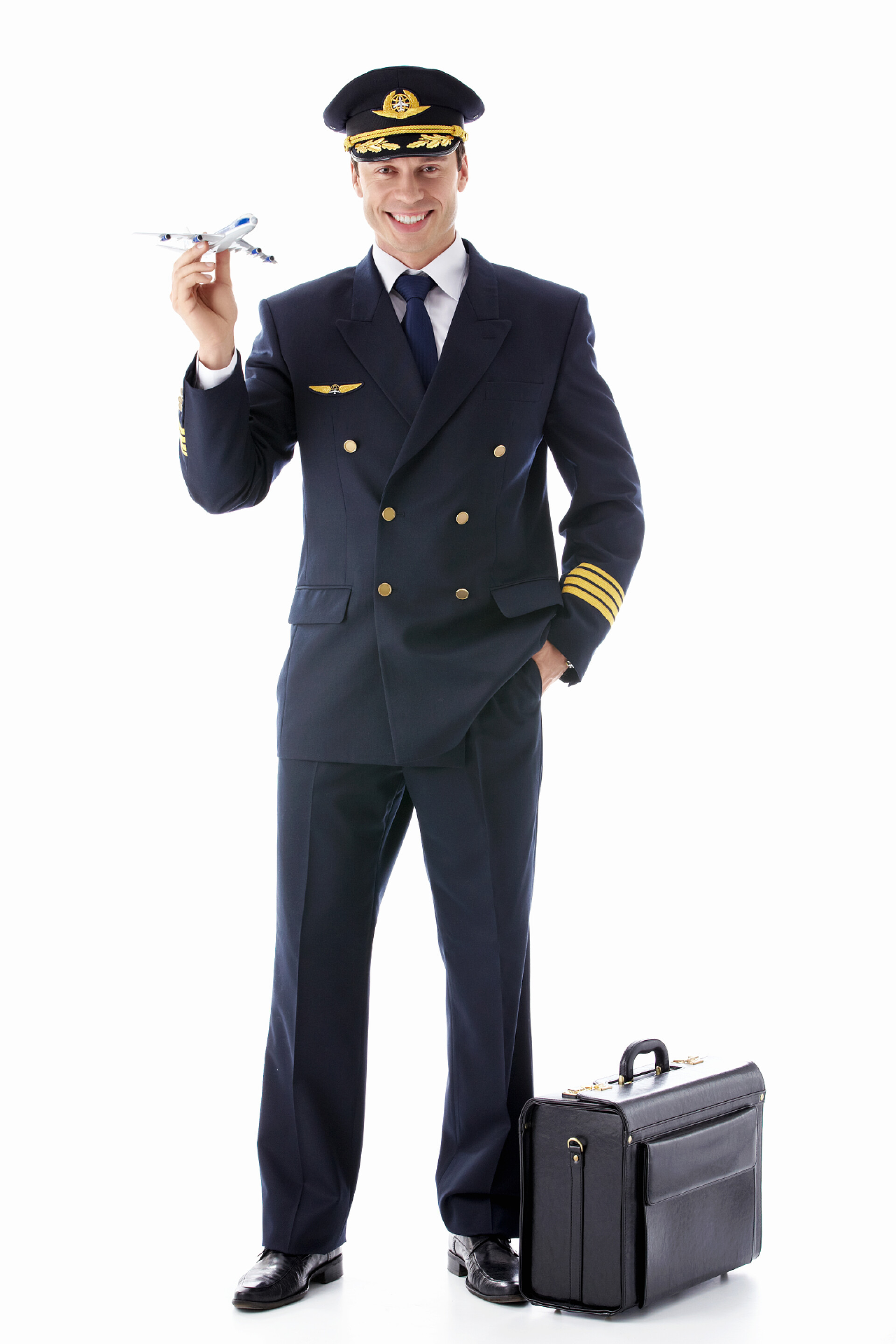 白色背景上拿着试验模型飞机的飞行员试验模型飞机