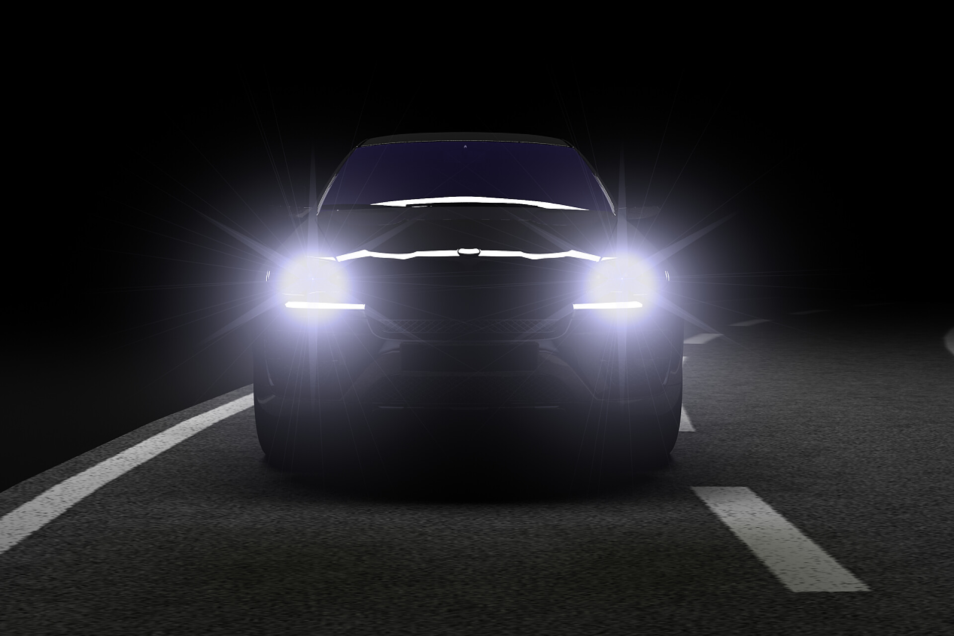 黑夜道路上闪闪发光的车灯剪影汽车灯