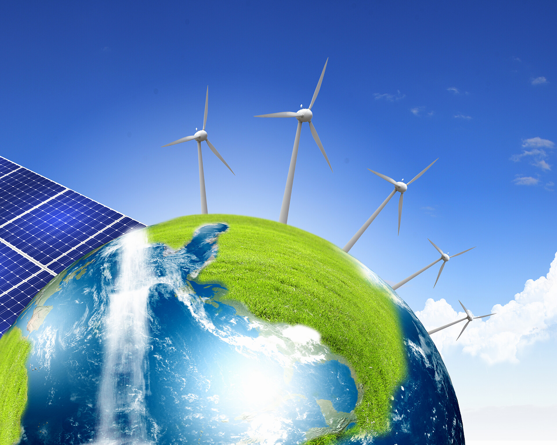 节能宣传周地球上的风力发电机和太阳能电池板太阳能电池组成的拼贴画