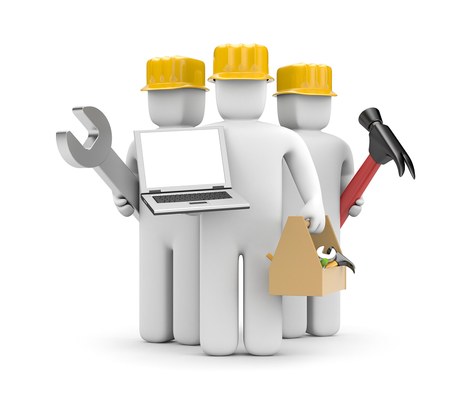 白色背景三个劳动者与笔记本的维修队