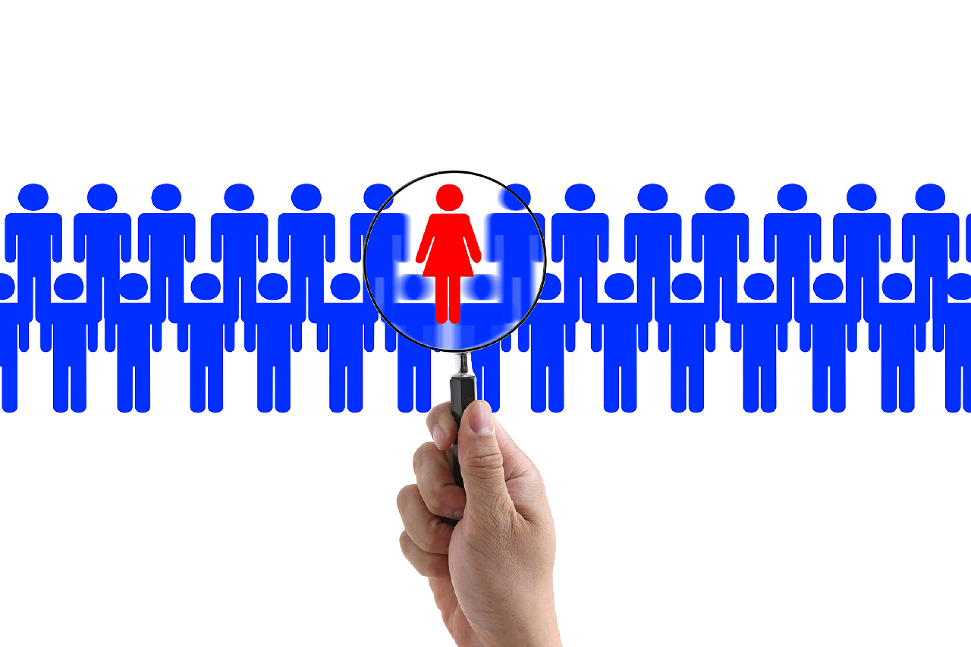 用放大镜在蓝色人群中寻找红色小人女人招聘