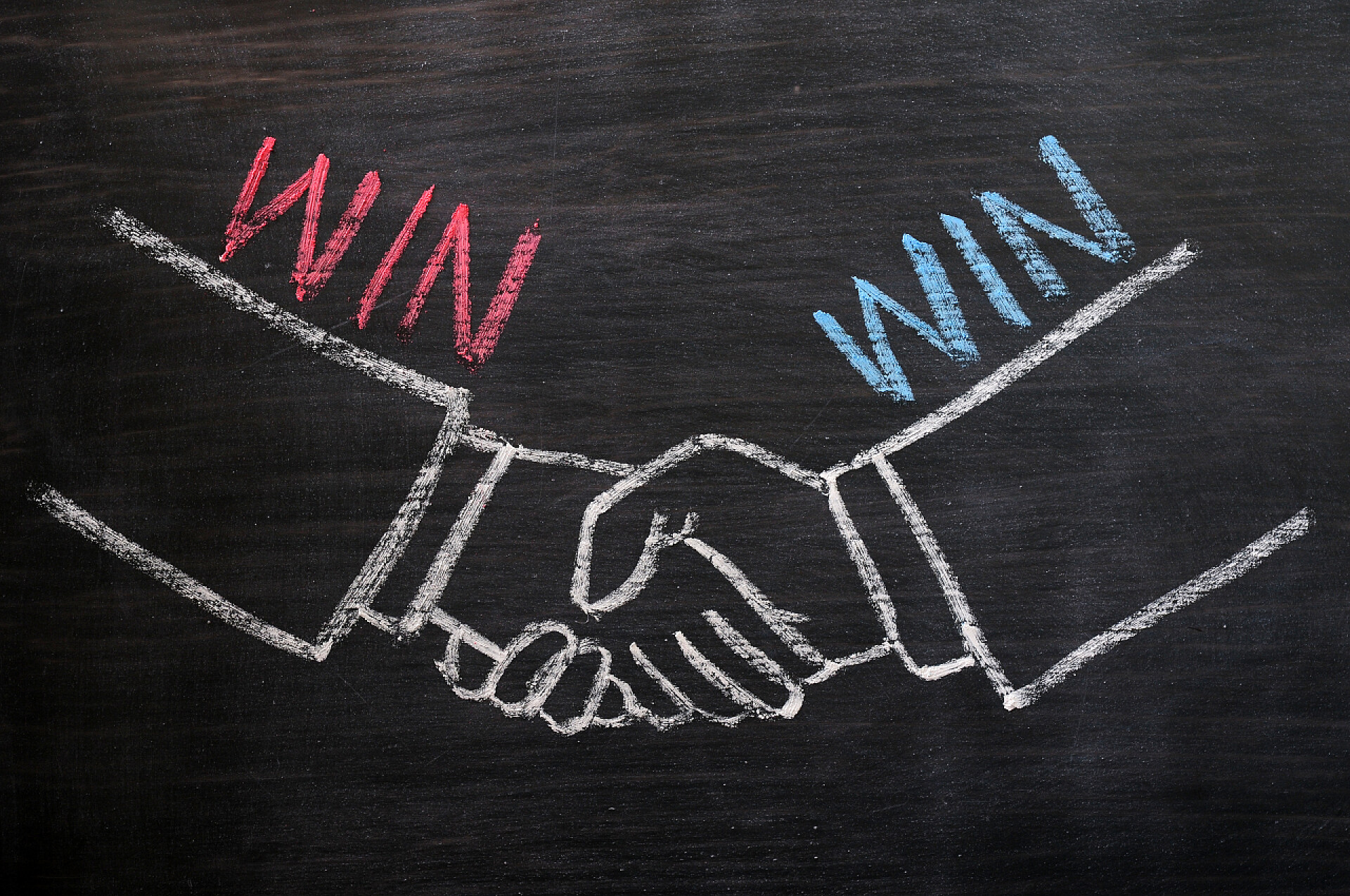 黑板上用粉笔绘制的握手互惠互利概念的黑板上握手