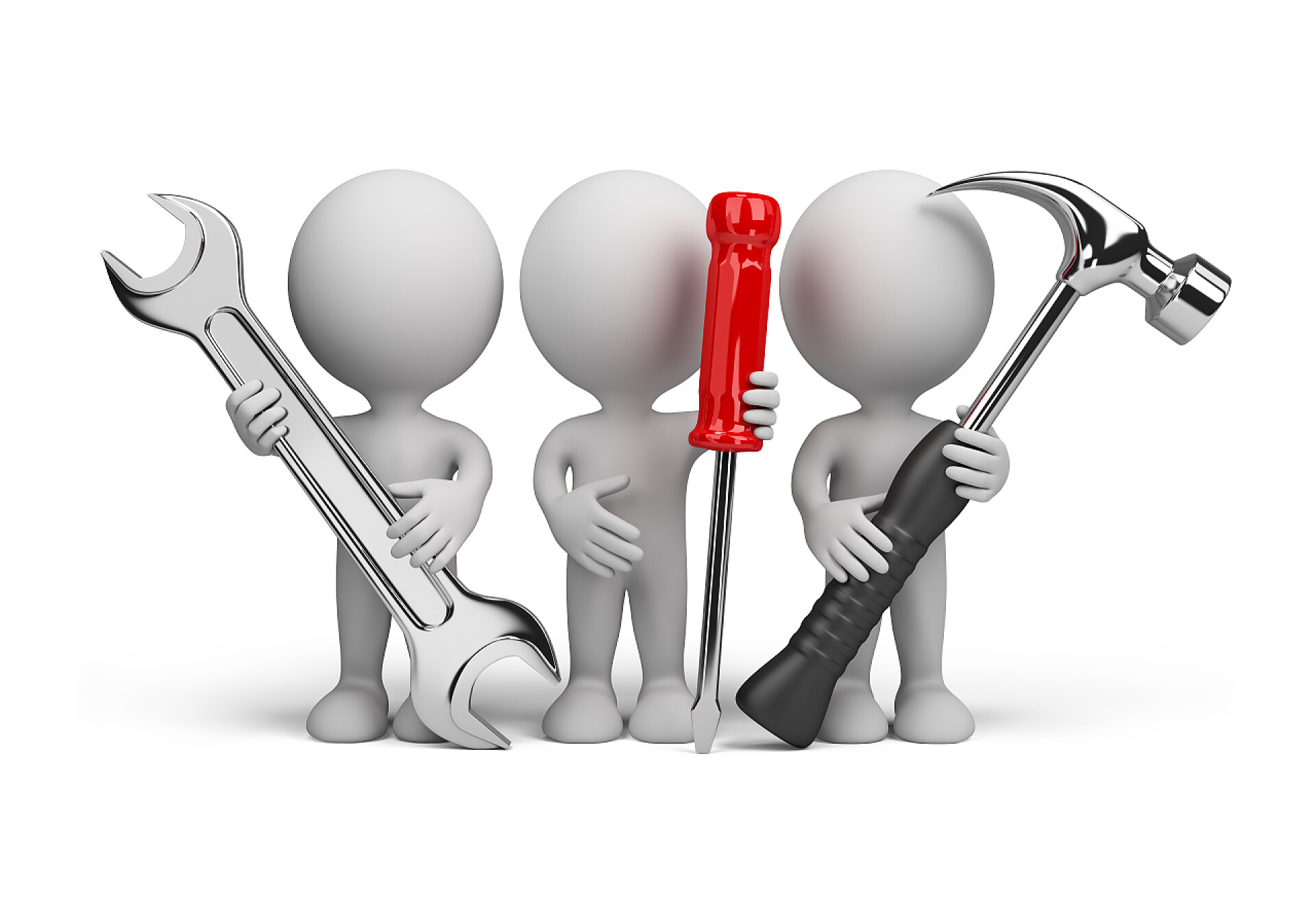 白色背景前三个手中拿着工具的3D小人3d 的人吗?修理工人