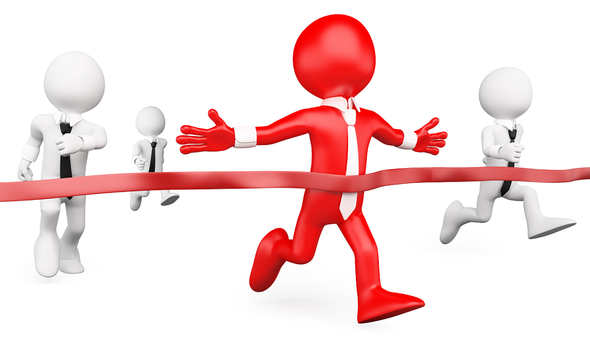 冲过红色终点线的红色小人3d 商人白。竞赛目标