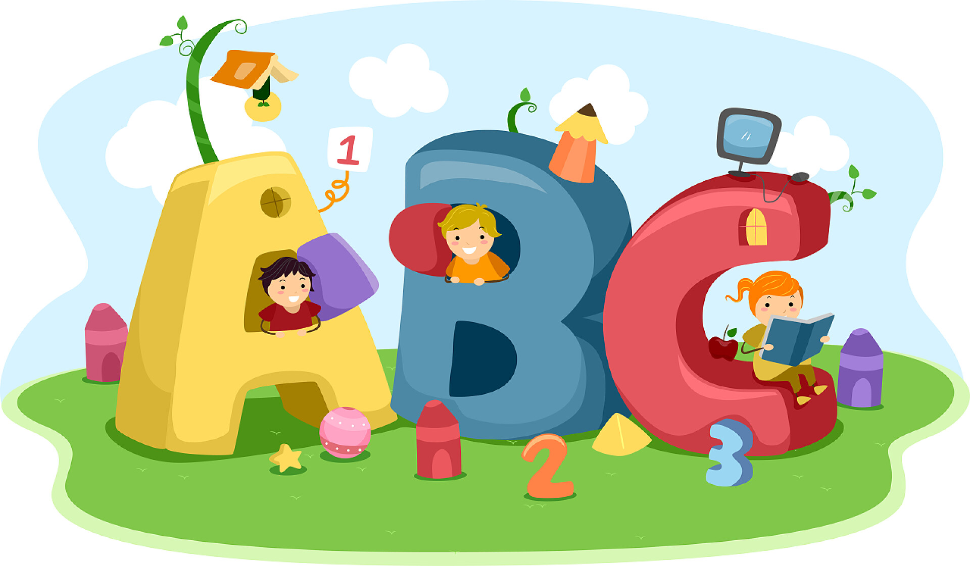 孩子们玩着字母形剧场的插图火柴人 abc