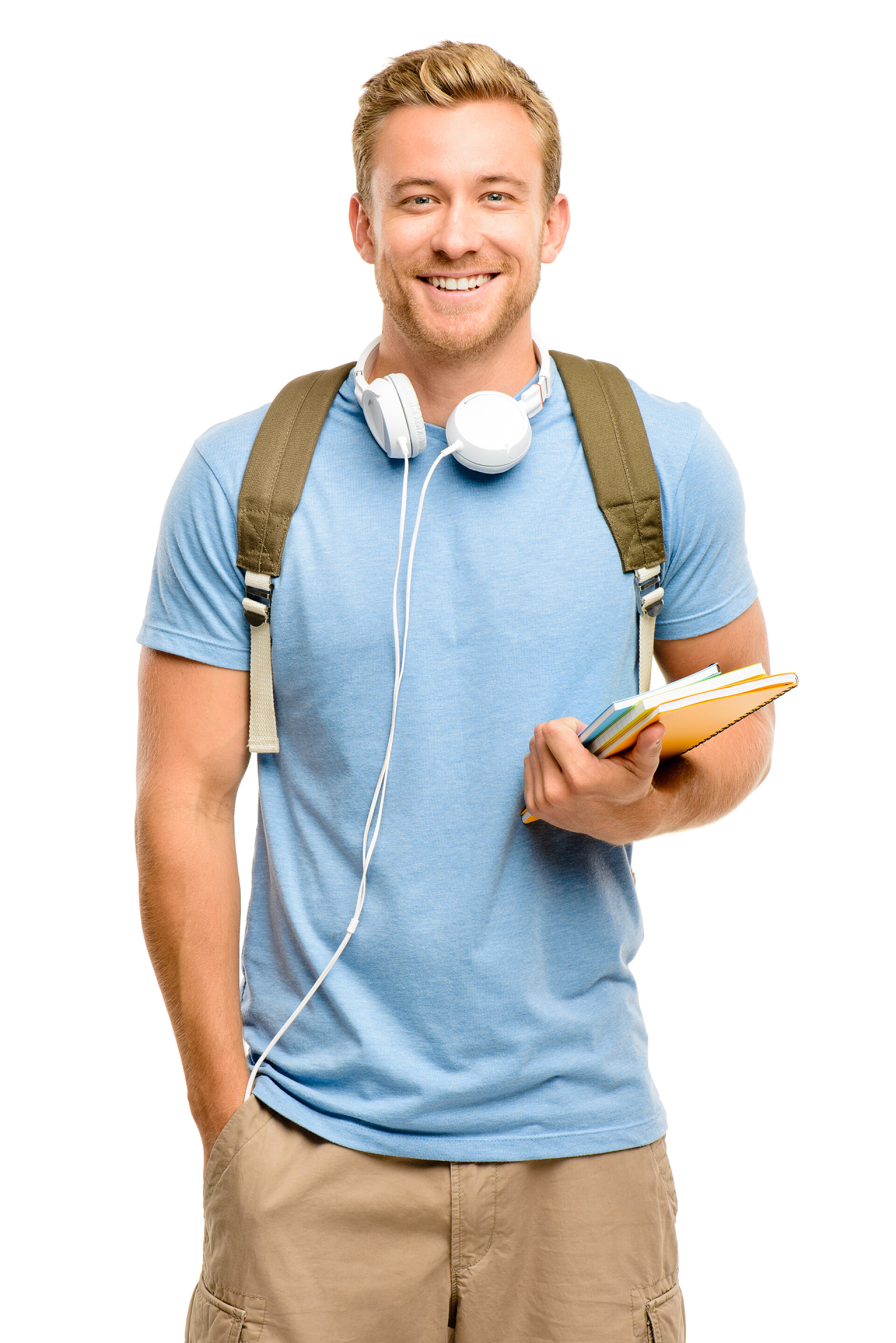 白色背景下一个戴着耳机的男学生相信年轻学生回校在白色背景上