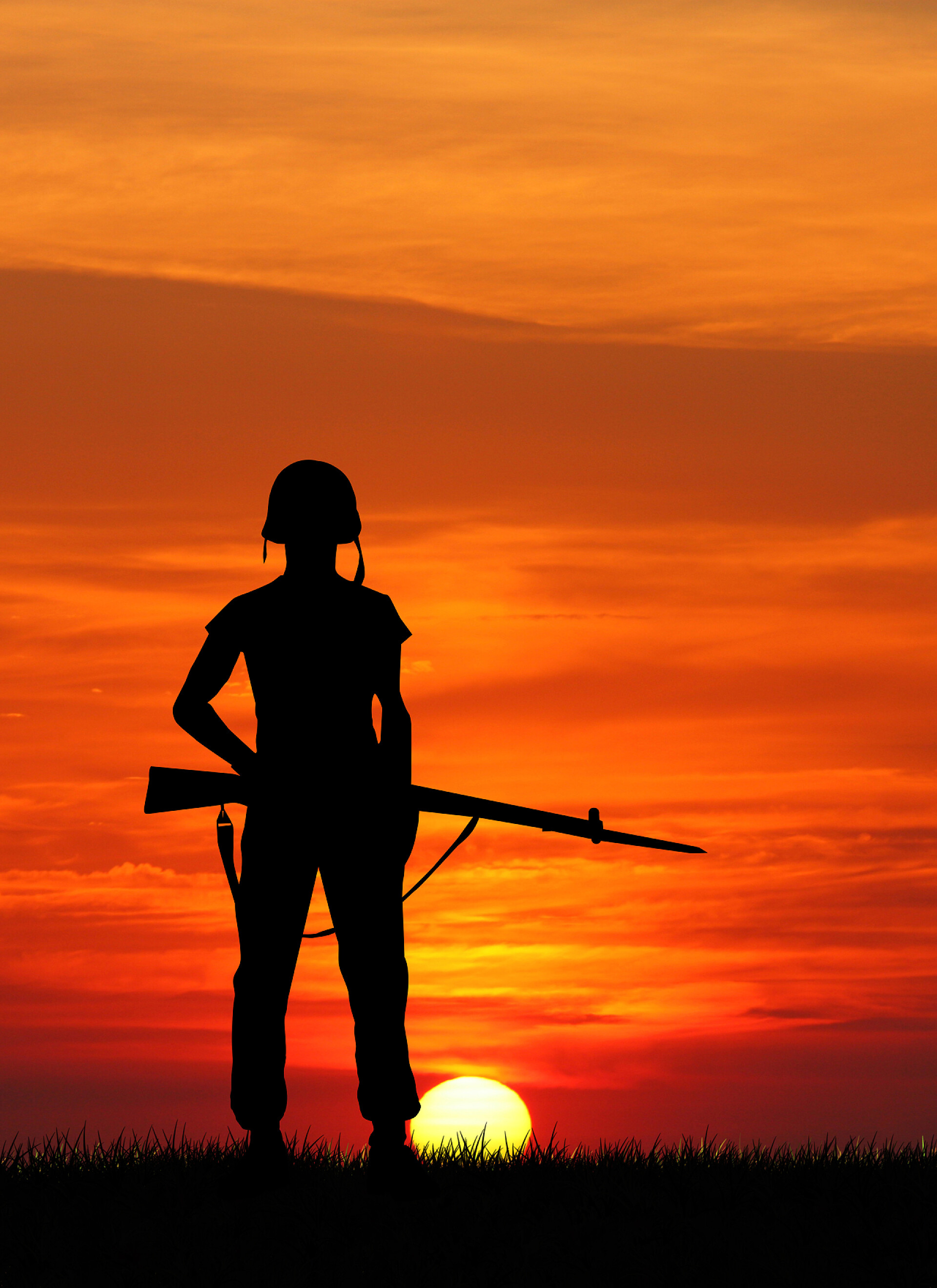 日落时分站岗的士兵背影士兵