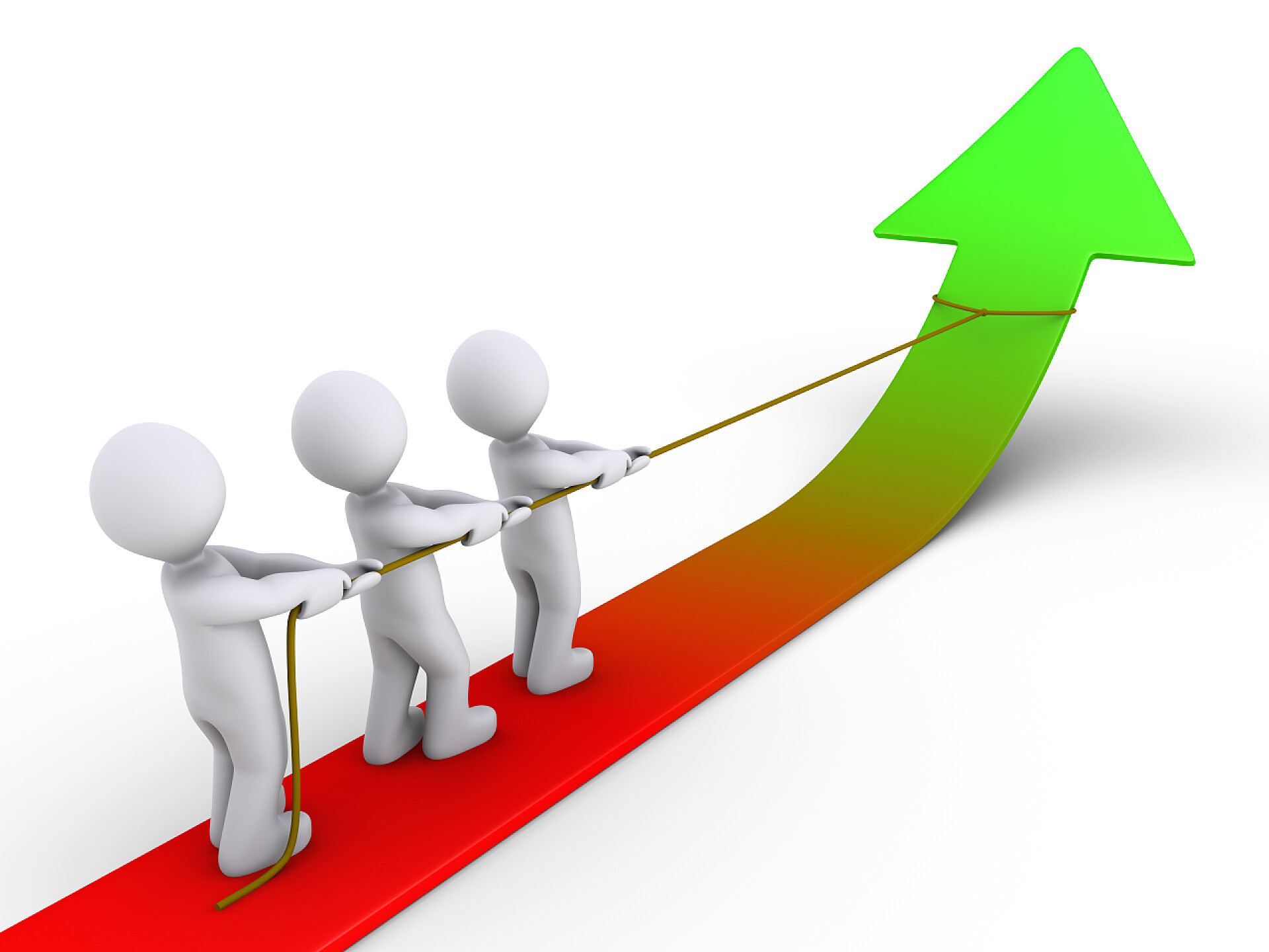 三个3D渲染模型拉着箭头向上三拉绳向上箭头