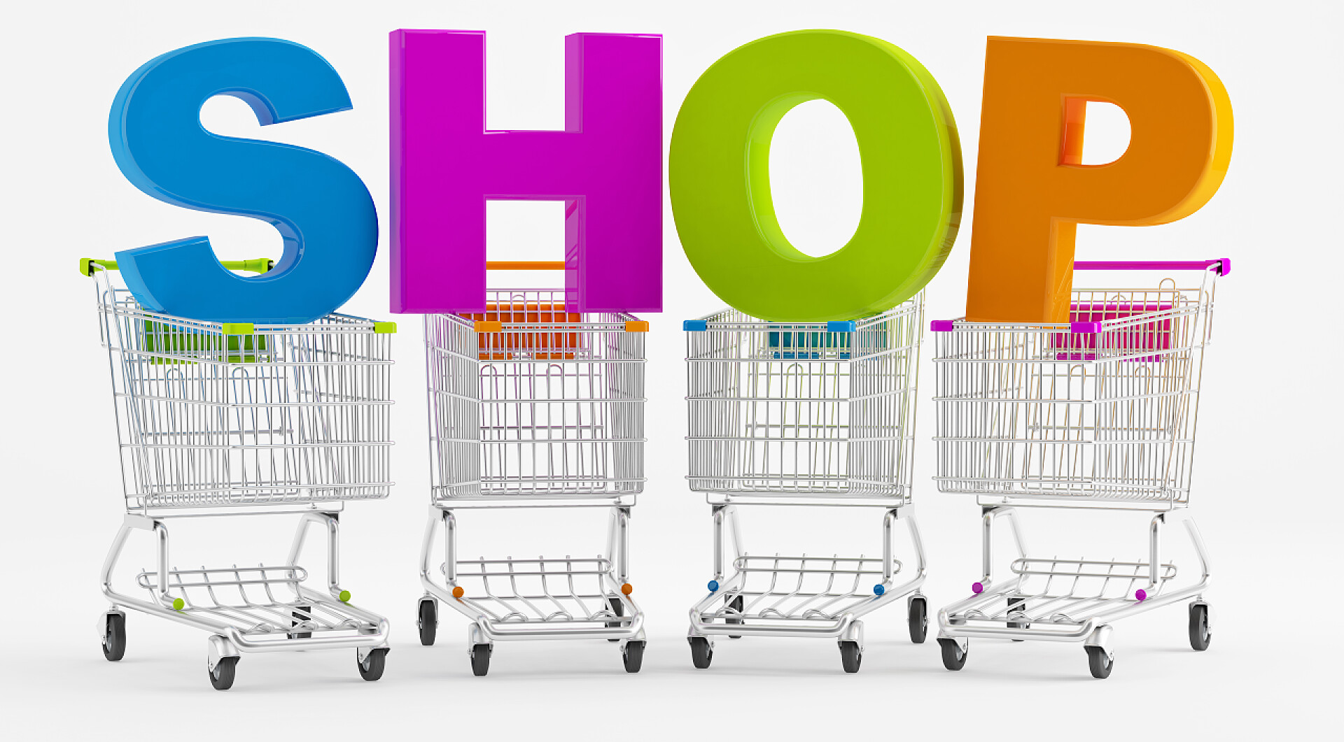 618灰色背景下四辆购物车在商店里购物