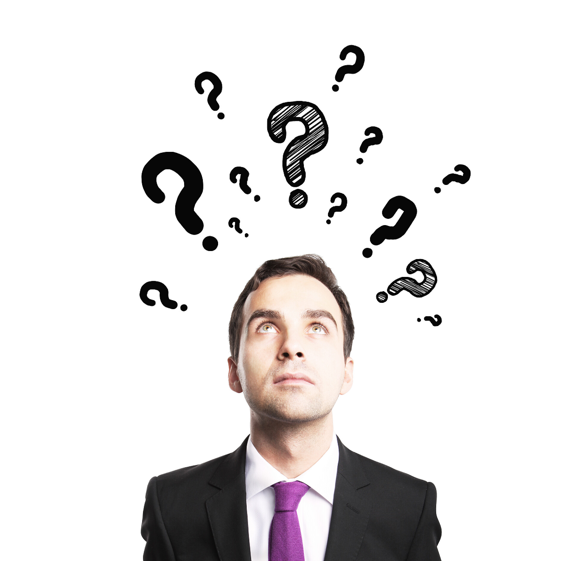 白色背景下一个男人头顶问号男人的问题
