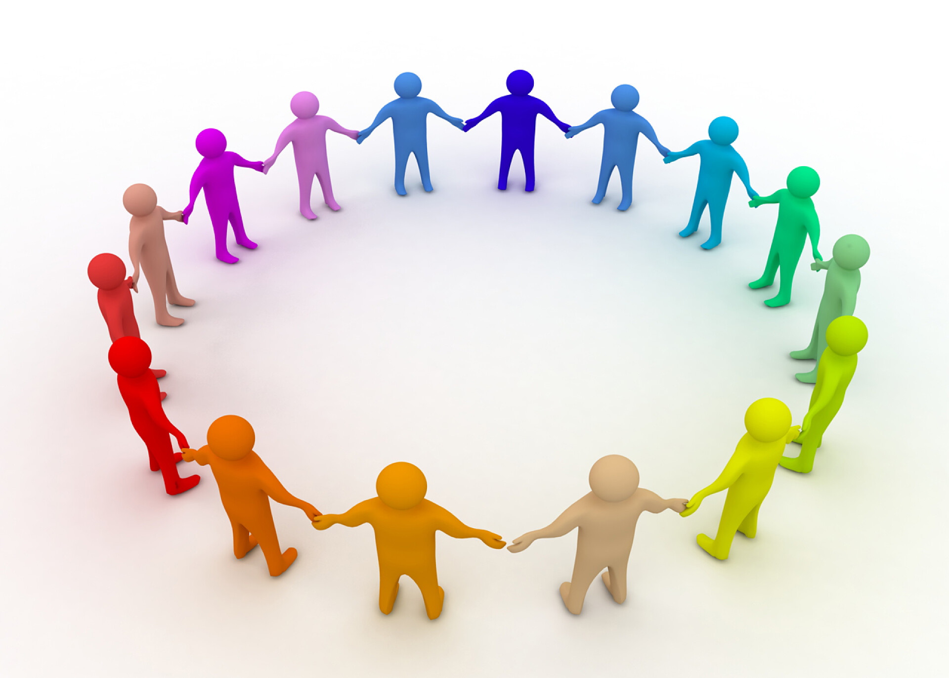 白色背景下彩色3D人物手拉手形成一个圈团队合作的概念