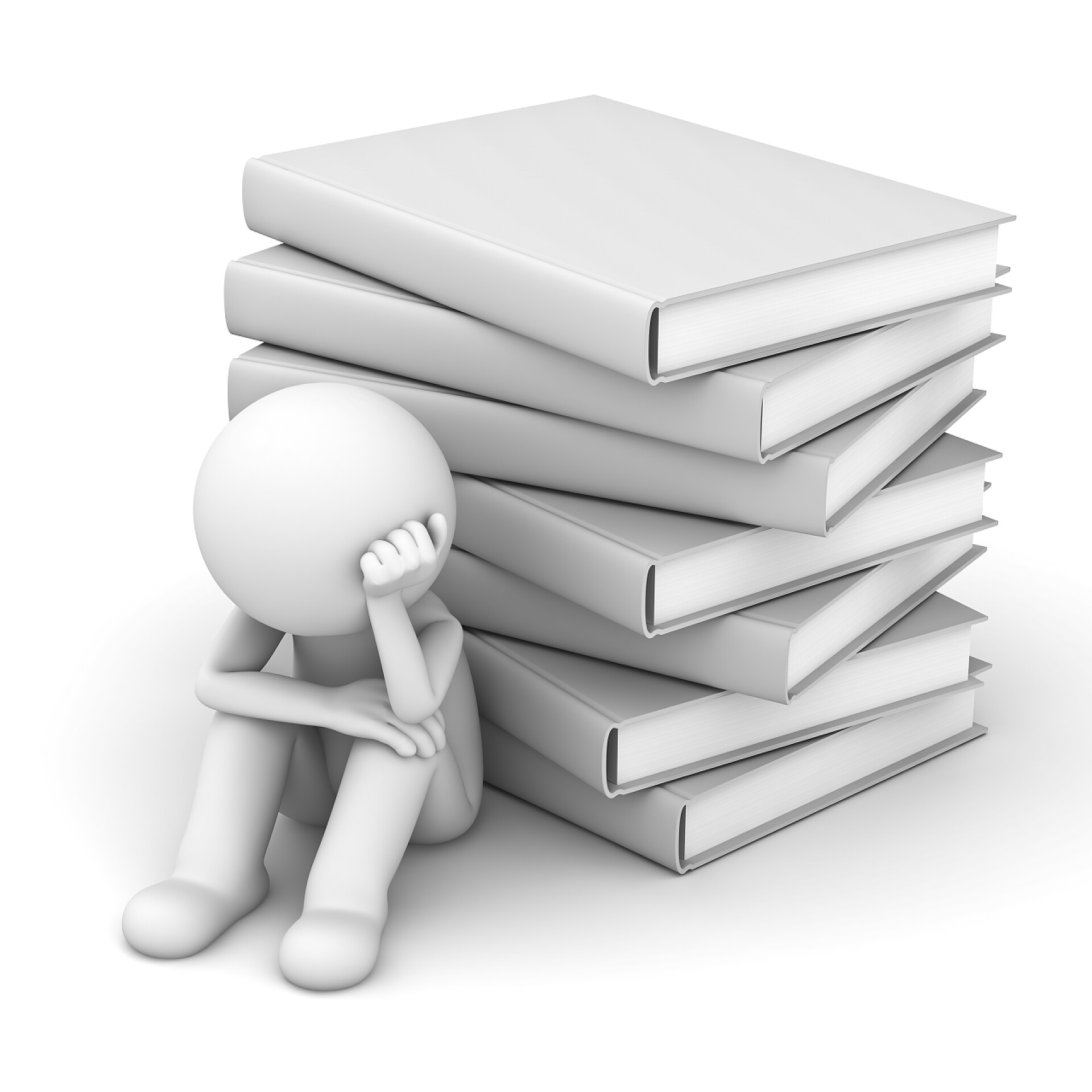 男人与一堆书坐在一起担心 3d 男人坐在一起堆书