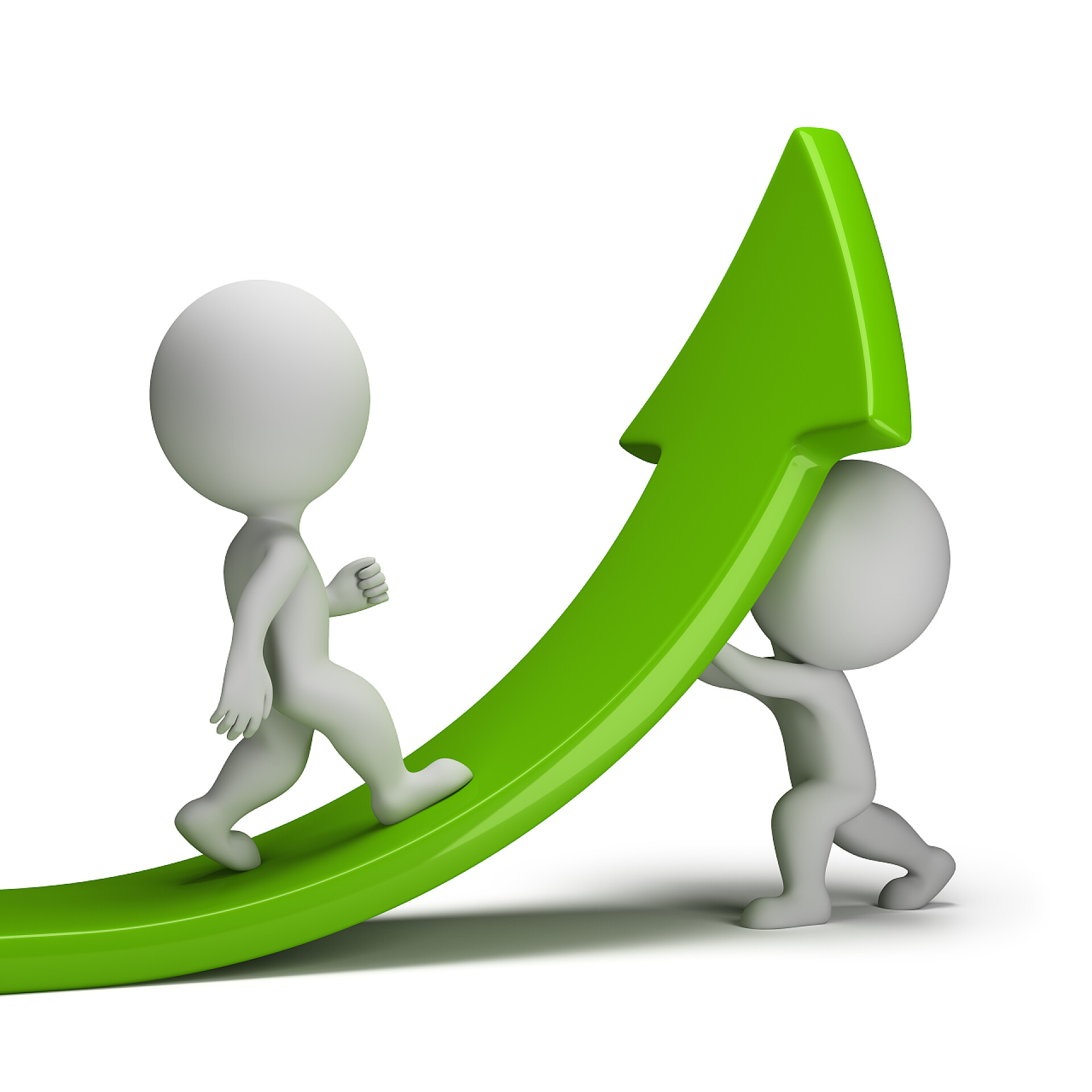 白色背景前小人朝着上升的箭头走