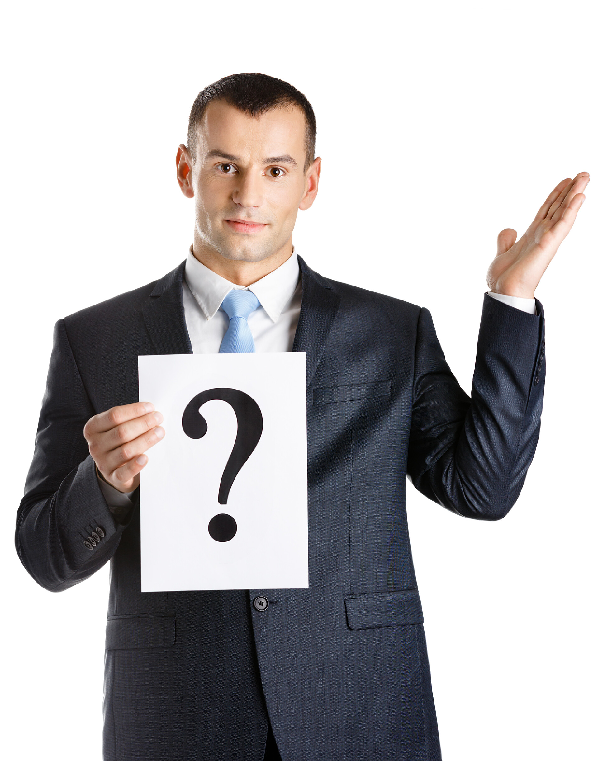 白色背景上一个男商人拿着一个问号带问号的经理手纸