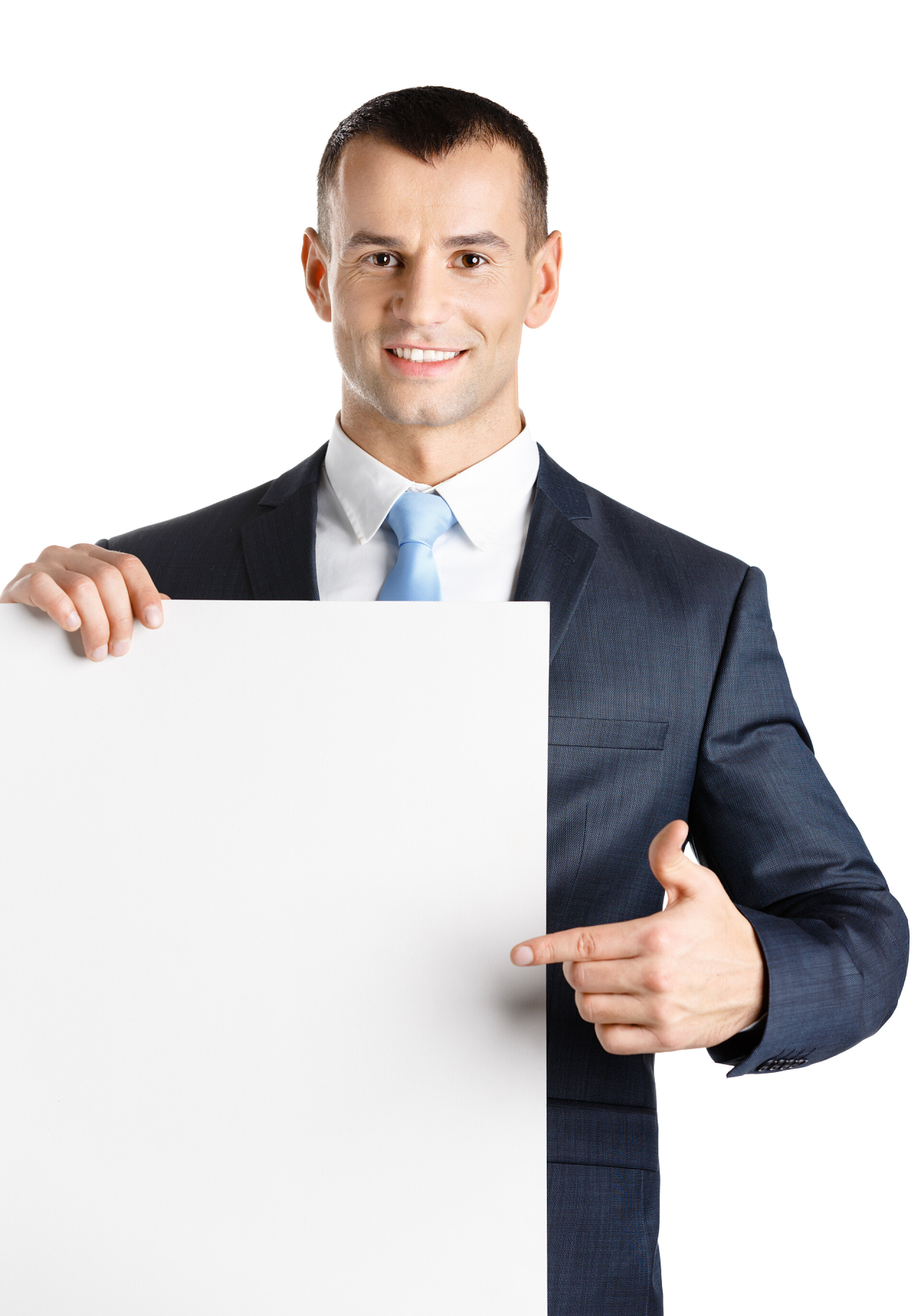 手拿白色纸板的商务人士经理点在纸 copyspace